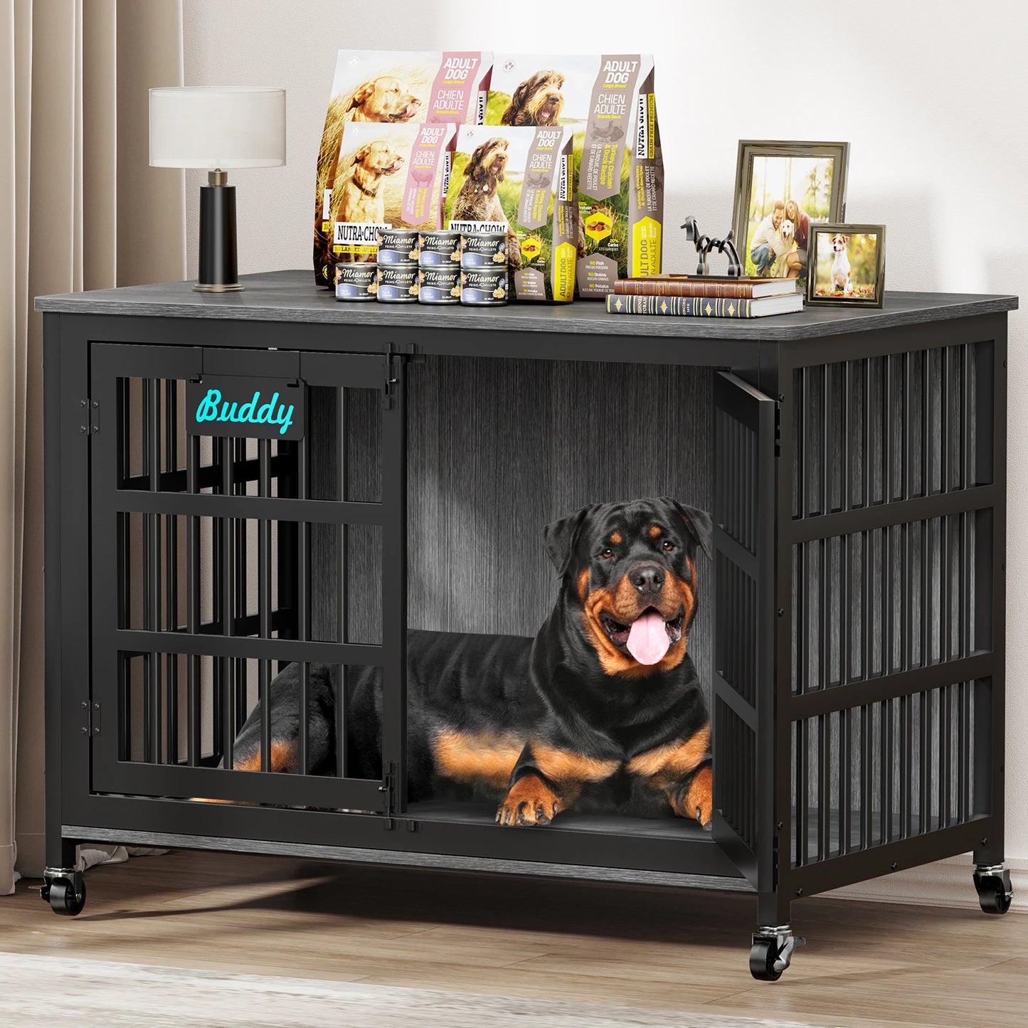 Heavy Duty Dog Crate Furniture With Casters As TV Stand