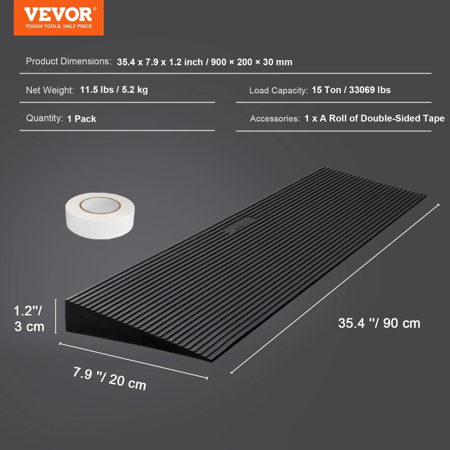 Cuttable Natural Rubber Threshold Ramp With Double Sided Tape
