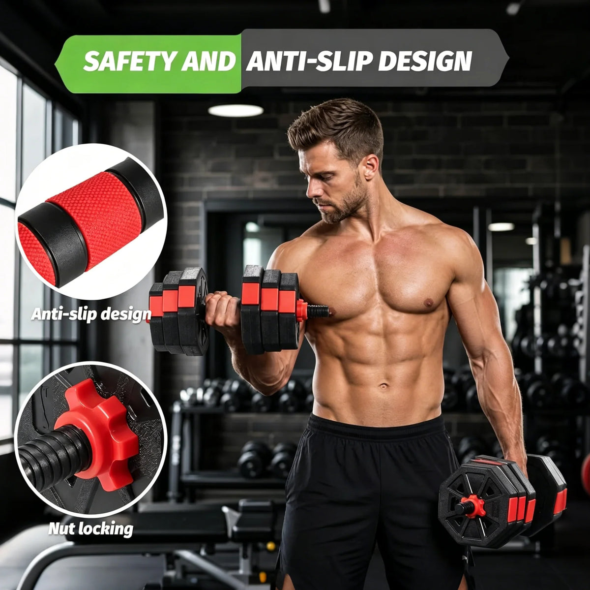 Adjustable Rubber Dumbbell Set With Convertible Barbell Design