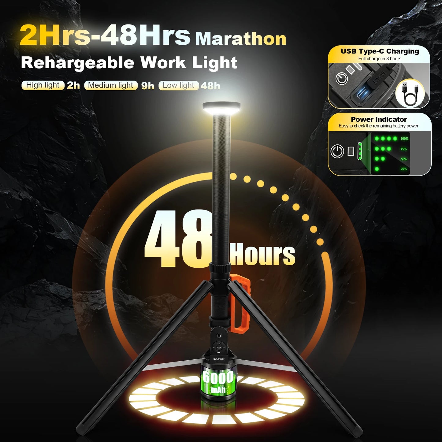 Rechargeable 360 Degree Work Light With Remote Control Telescopic Camping