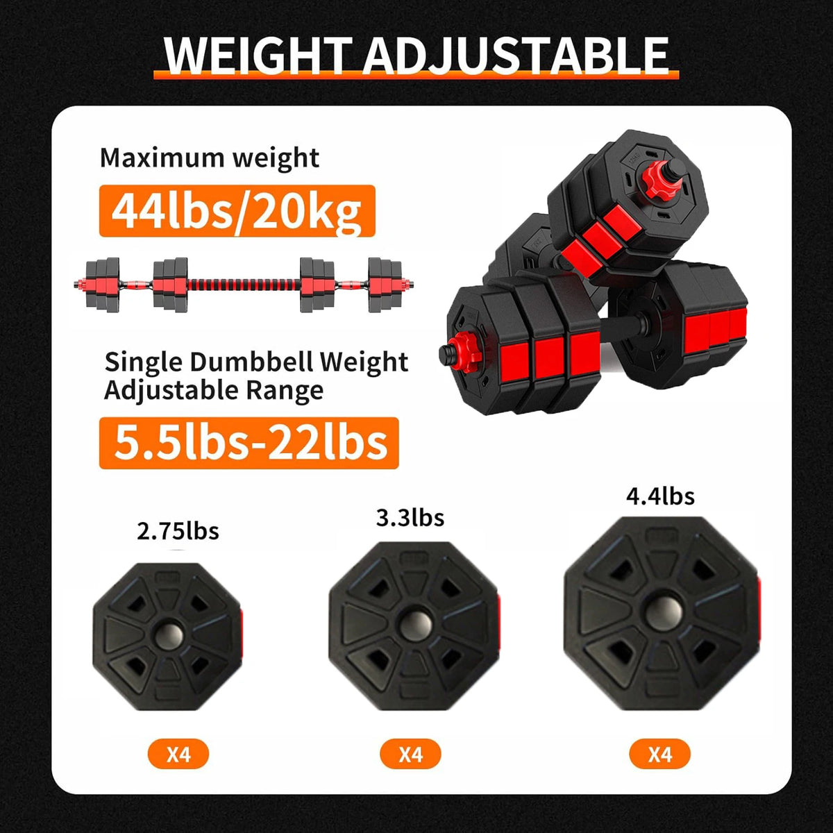 Adjustable Rubber Dumbbell Set With Convertible Barbell Design
