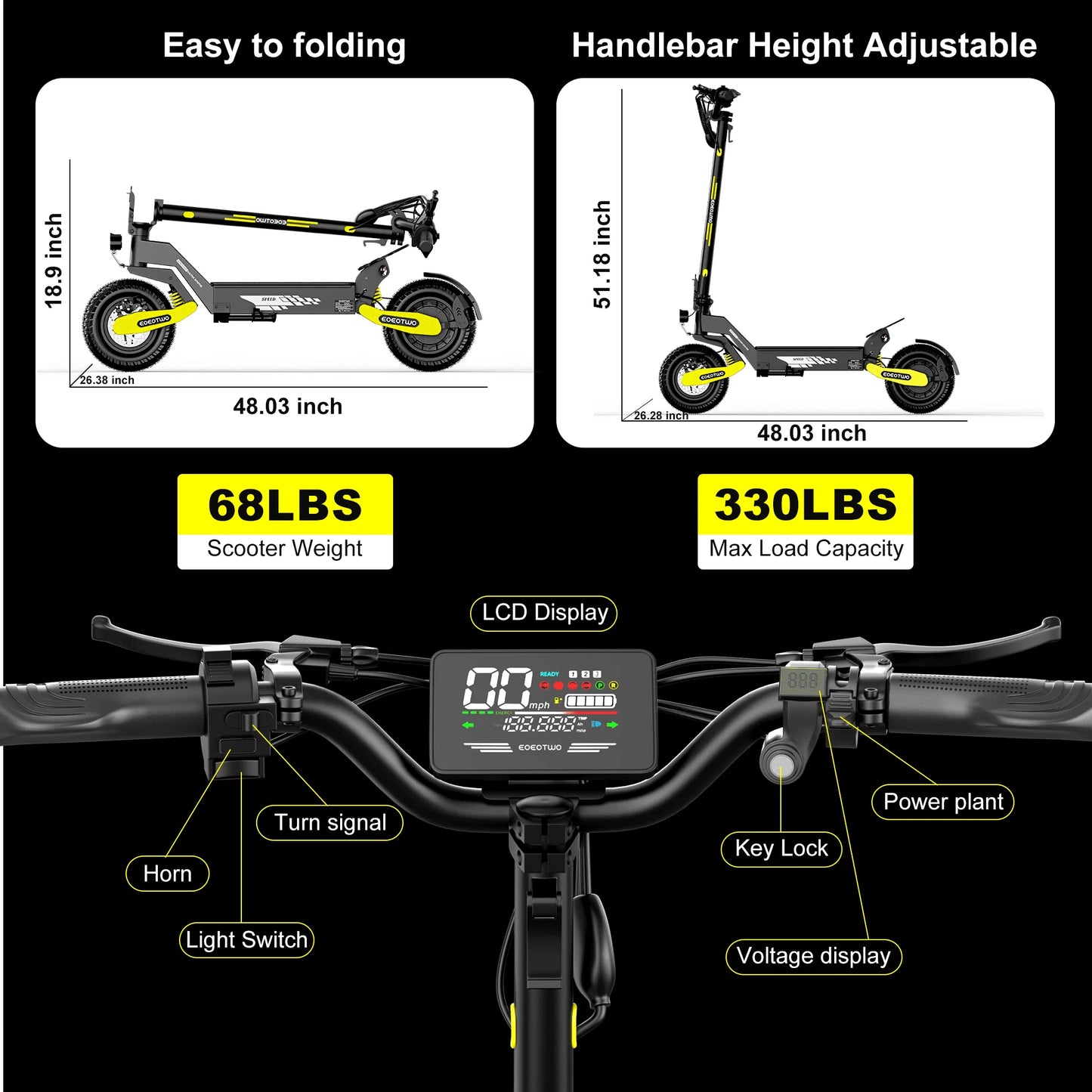 EOEOTWO 1200W Off Road Electric Scooter For Adults 48V Foldable