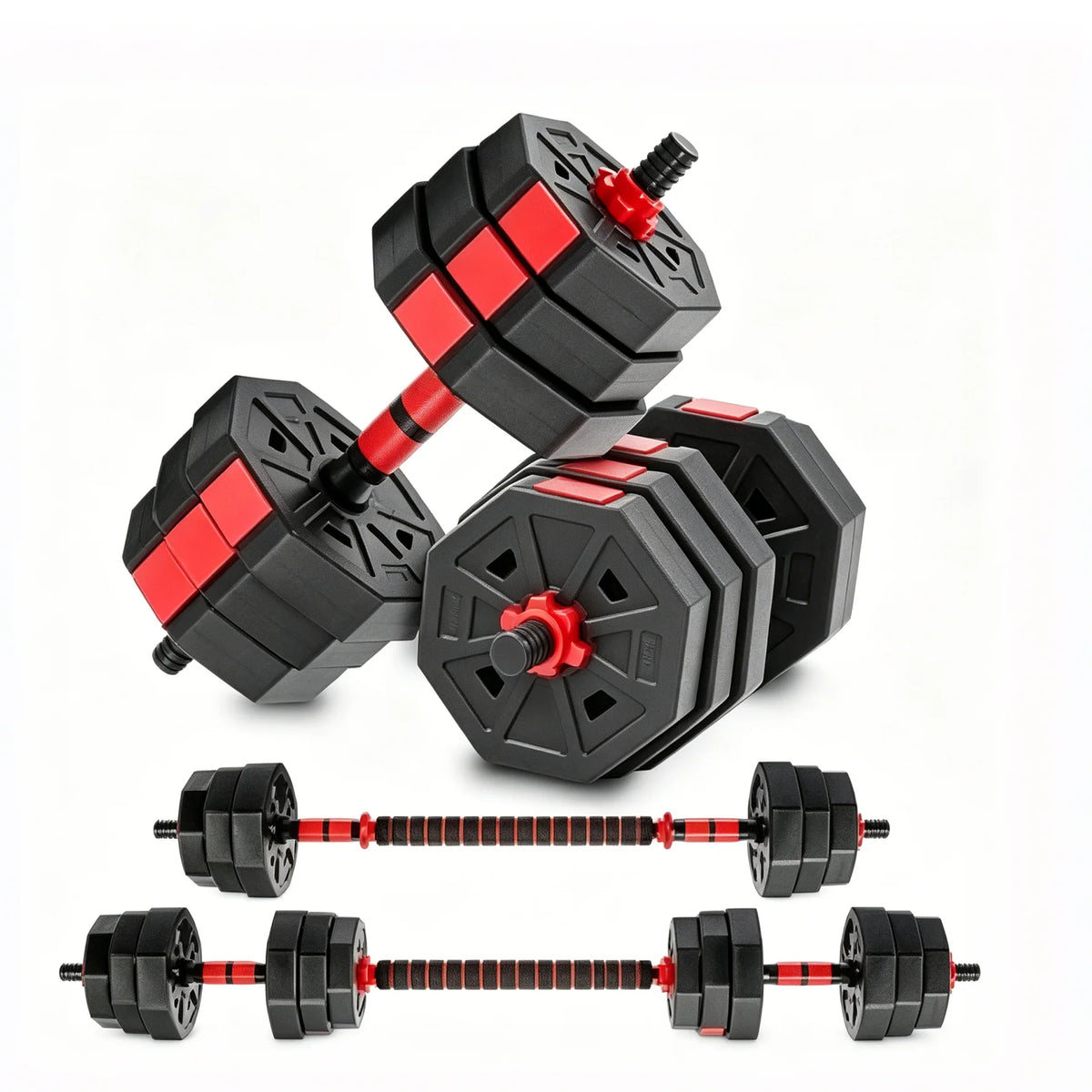 Adjustable Rubber Dumbbell Set With Convertible Barbell Design