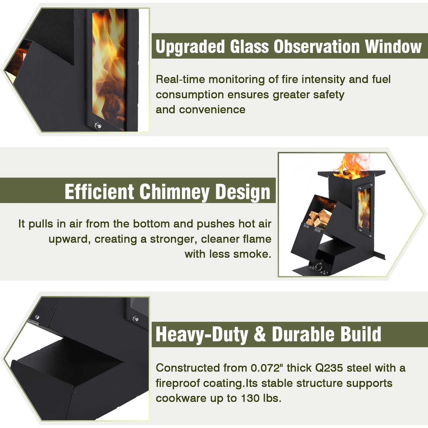 Portable Rocket Stove With Glass Door Outdoor Camping Grill