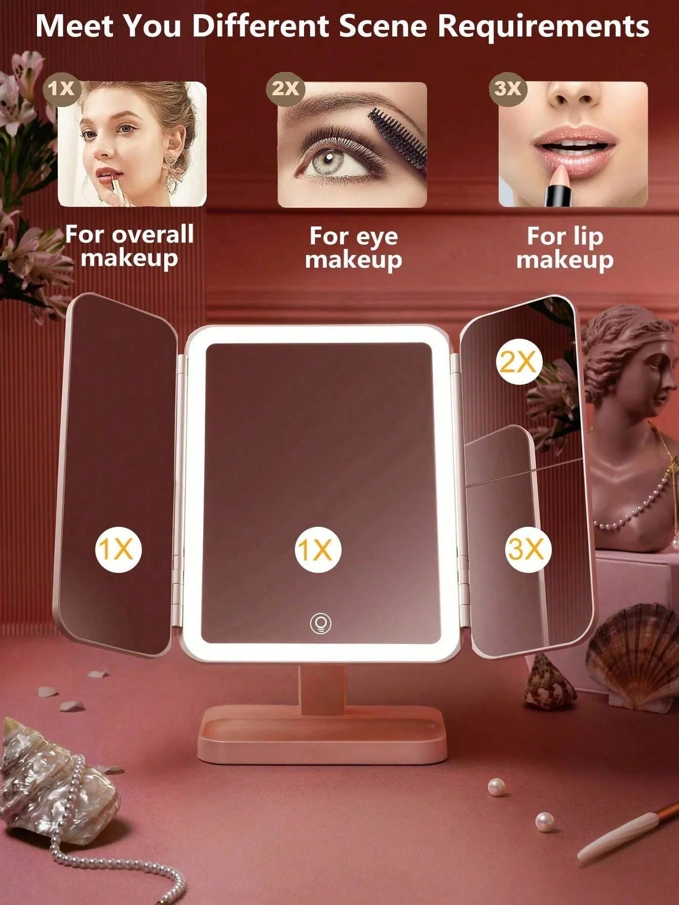 Trifold Makeup Mirror With LED Lights For Dorm Dressing