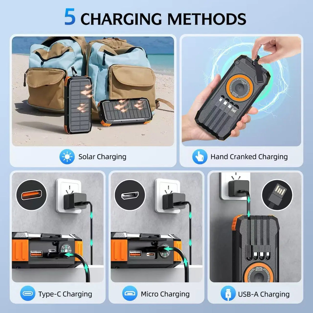 Rscrola Hand Crank Solar Power Bank Wireless Charger LED Light