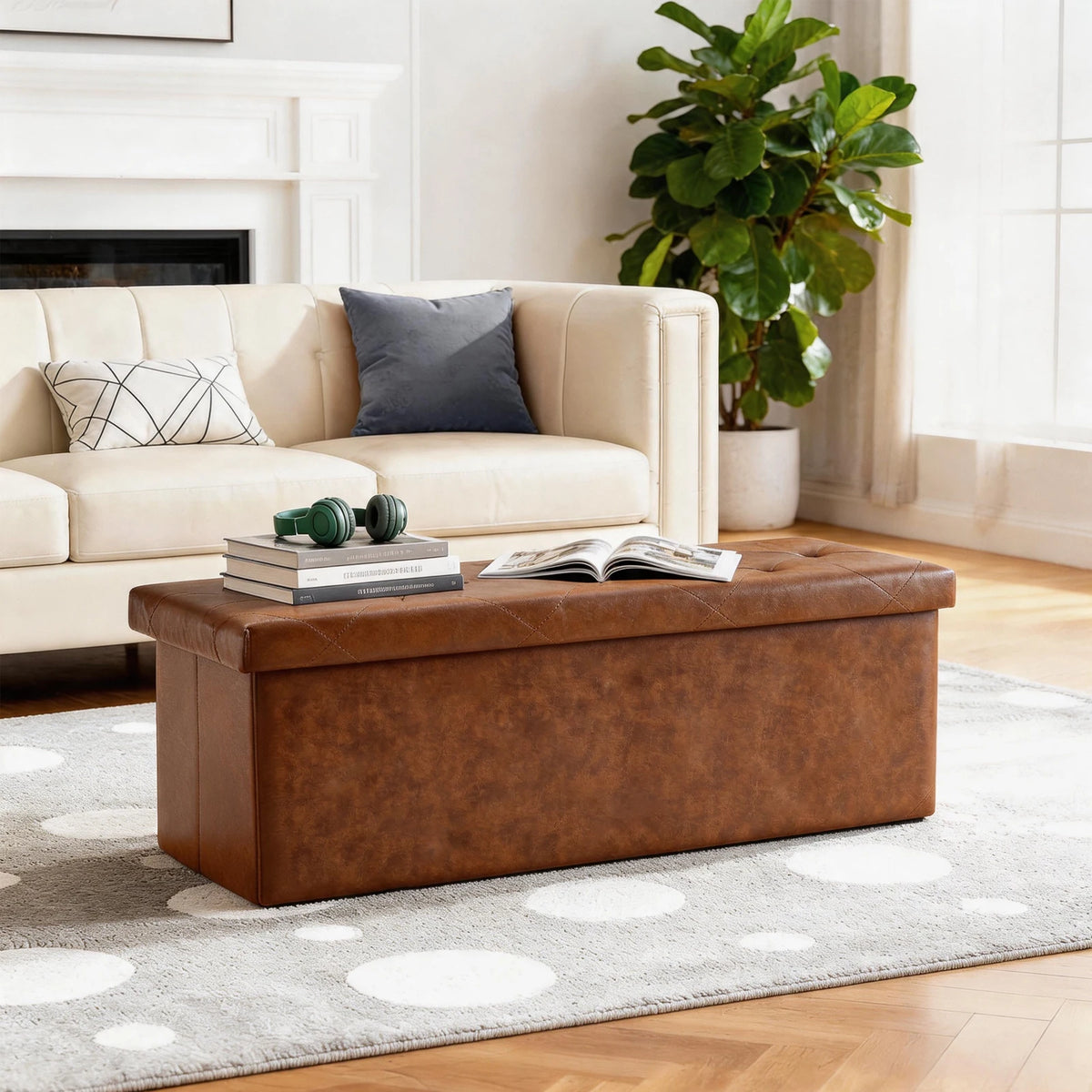 SARENZOON Tufted Faux Leather Folding Storage Ottoman With Footrest