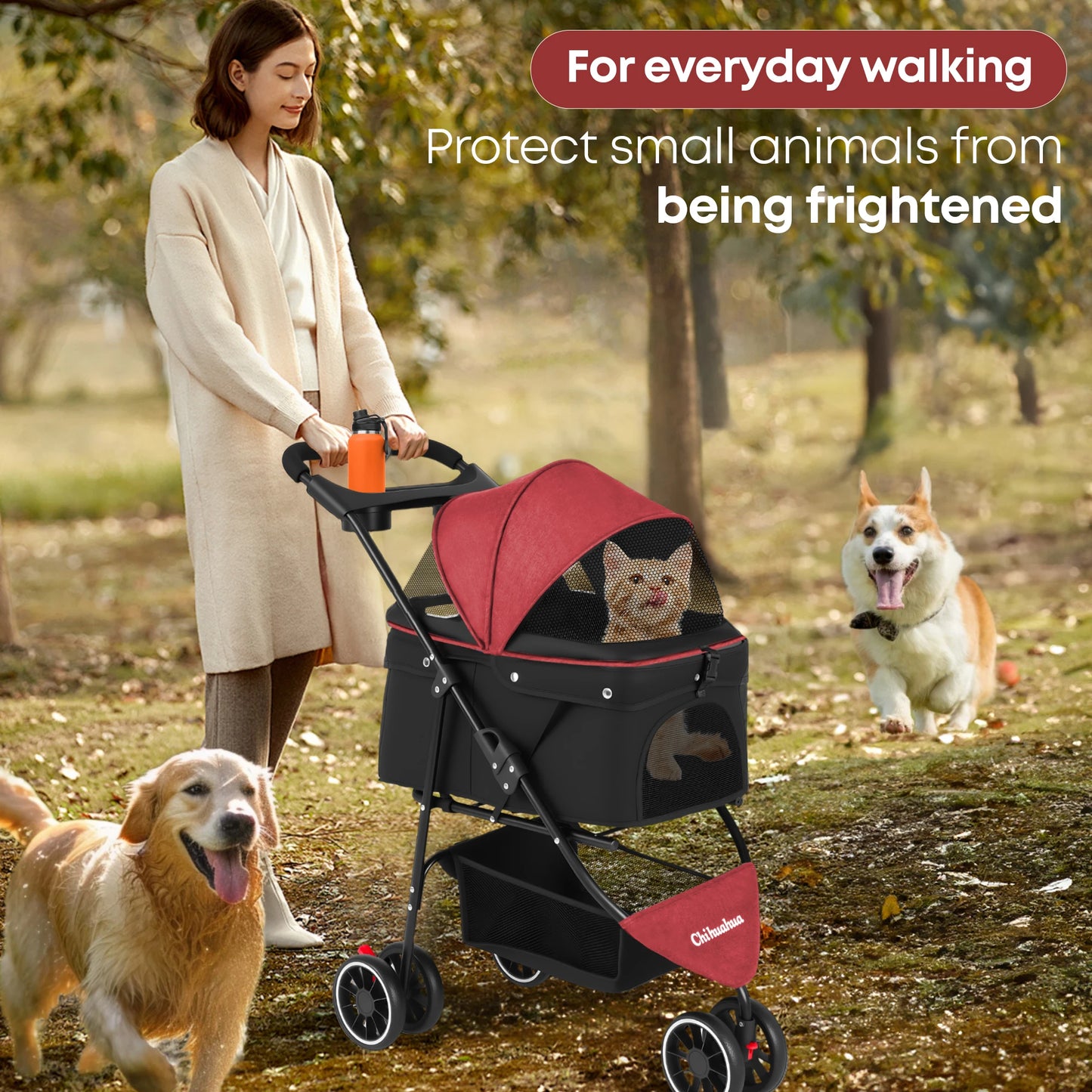 Chihuahua Pet Stroller Foldable For Dogs And Cats 3 Wheels