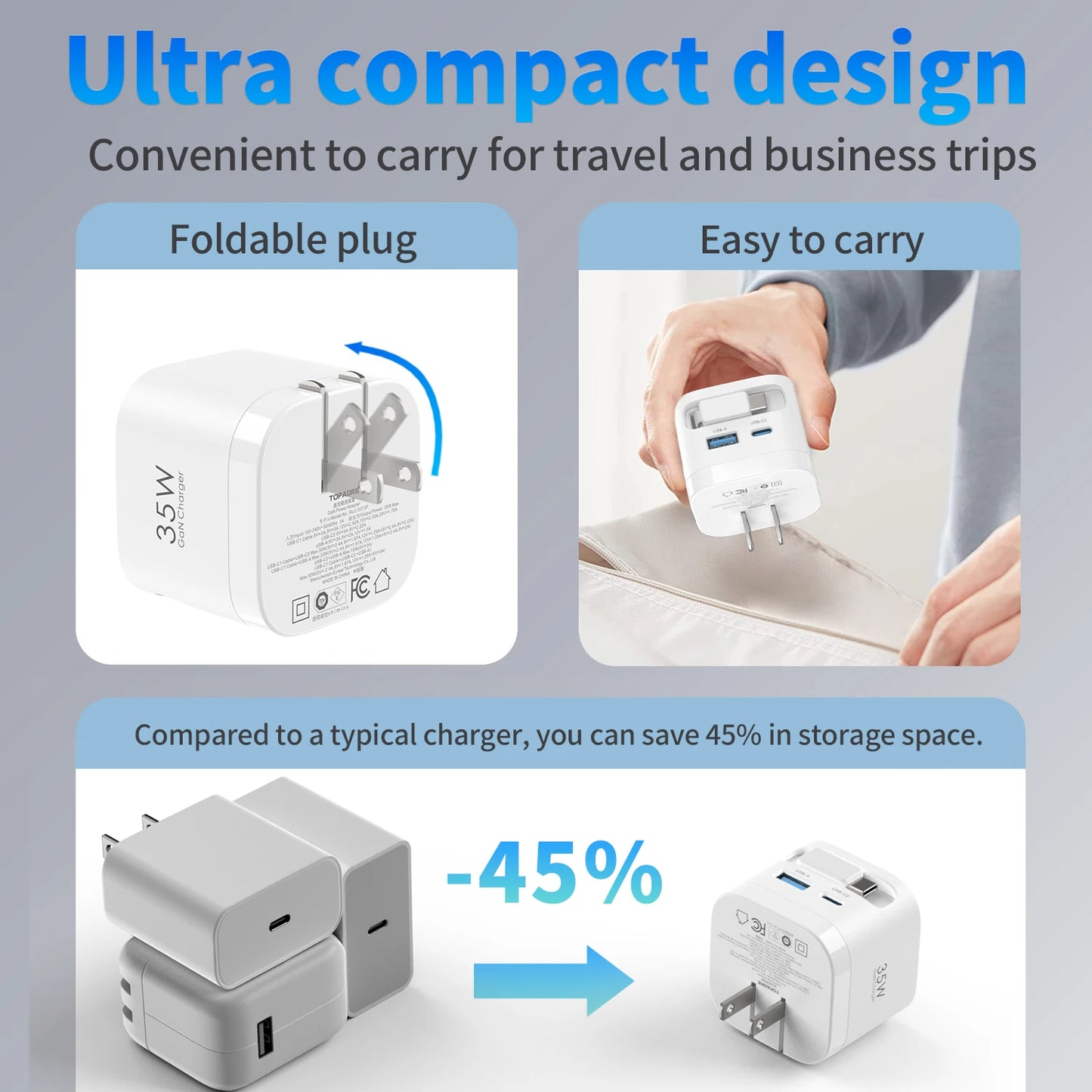 GaN 35W Fast Charger With Retractable Cable For iPhone Android