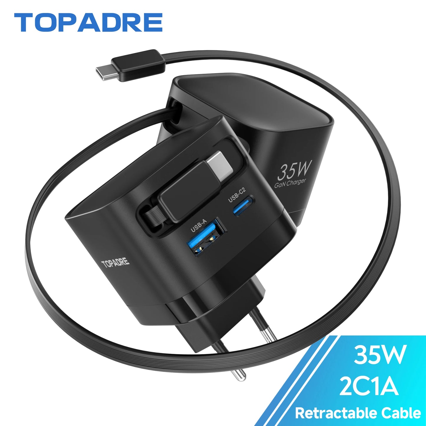 GaN 35W Fast Charger With Retractable Cable For iPhone Android