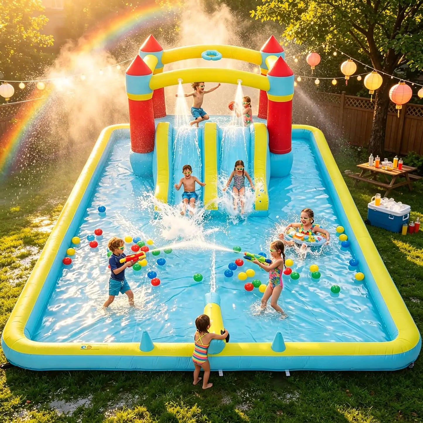 Inflatable Water Slide 7 In 1 Backyard Park With 350W Blower