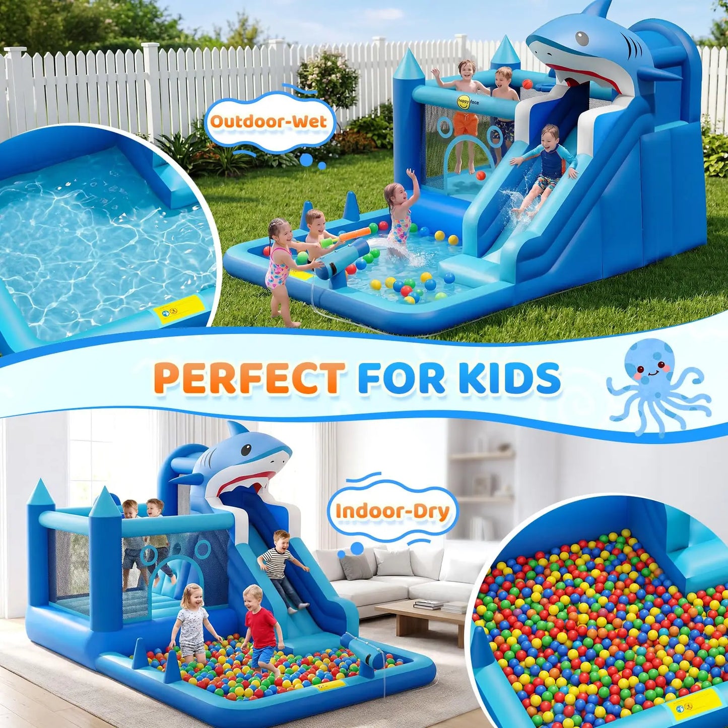 HiMISS Shark Inflatable Water Park With Slide Blower Splash Pool