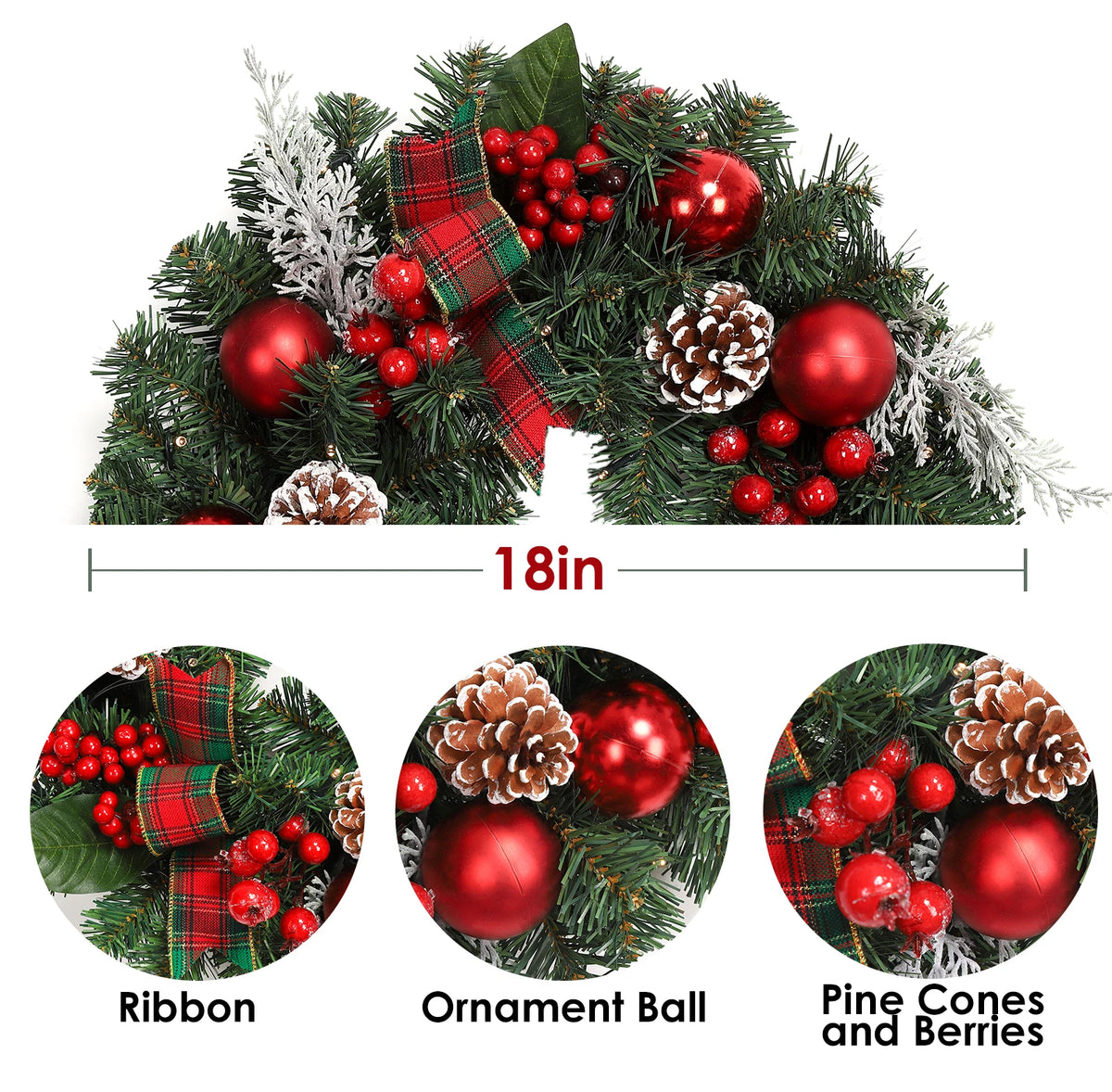 EliteZ Lifelike Pine Christmas Wreath With Berries and Pinecones