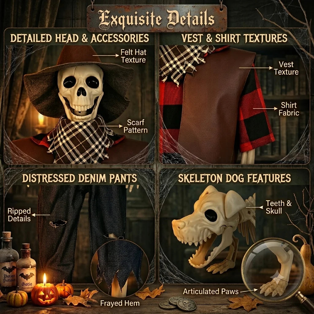 Posable Skeleton And Dog Halloween Cowboy Outdoor Decorations Set
