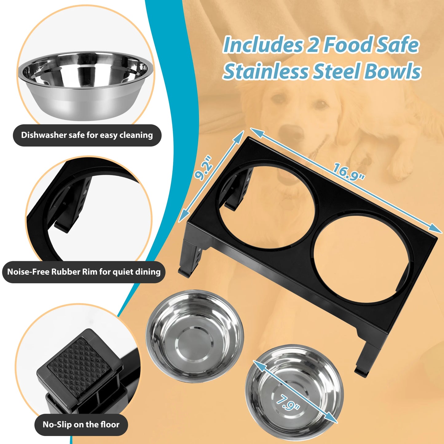 Elevated Dog Bowls With Two Stainless Steel Bowls And Adjustable Heights