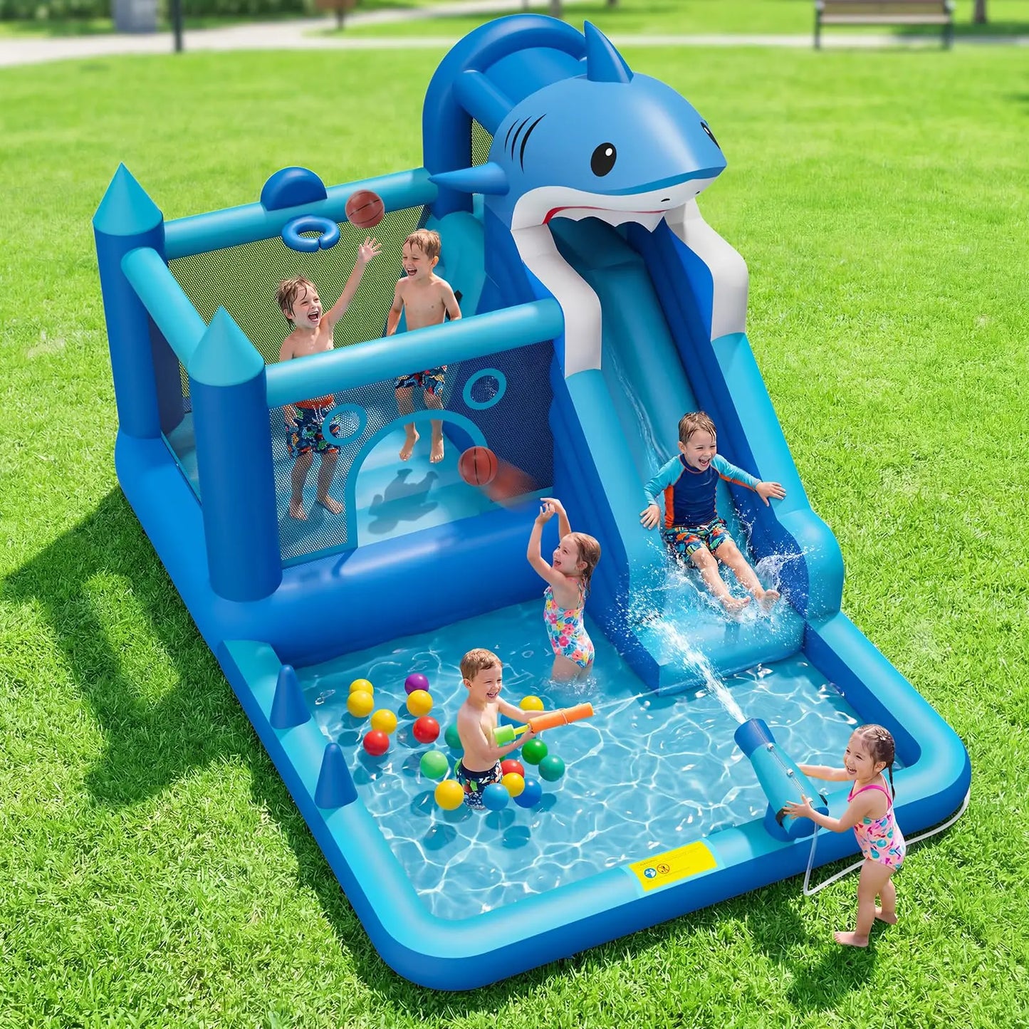 HiMISS Shark Inflatable Water Park With Slide Blower Splash Pool