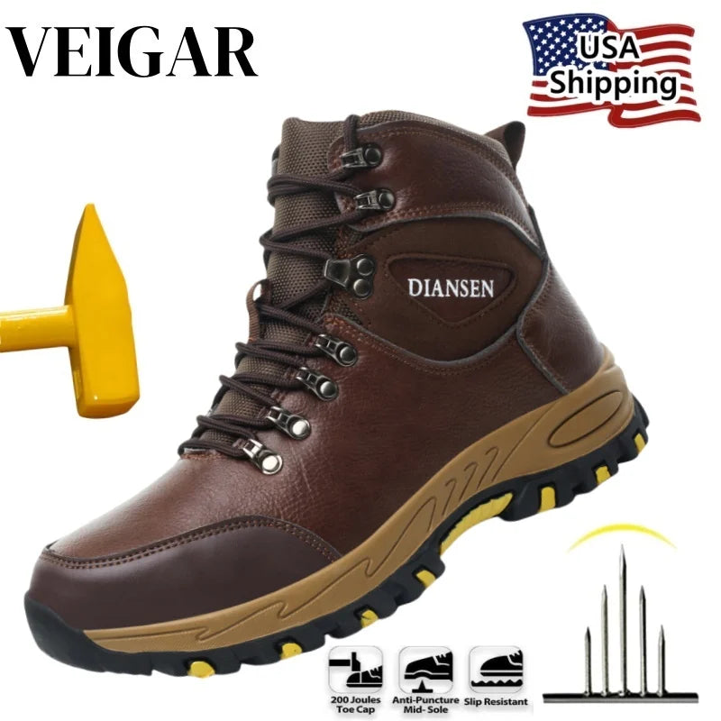 VEIGAR Waterproof Leather Men Safety Boots Anti Puncture Industrial Shoes