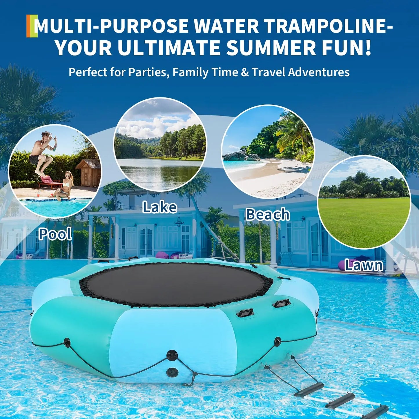 Inflatable Water Trampoline With Electric Inflator Rope Ladder Mooring Ropes