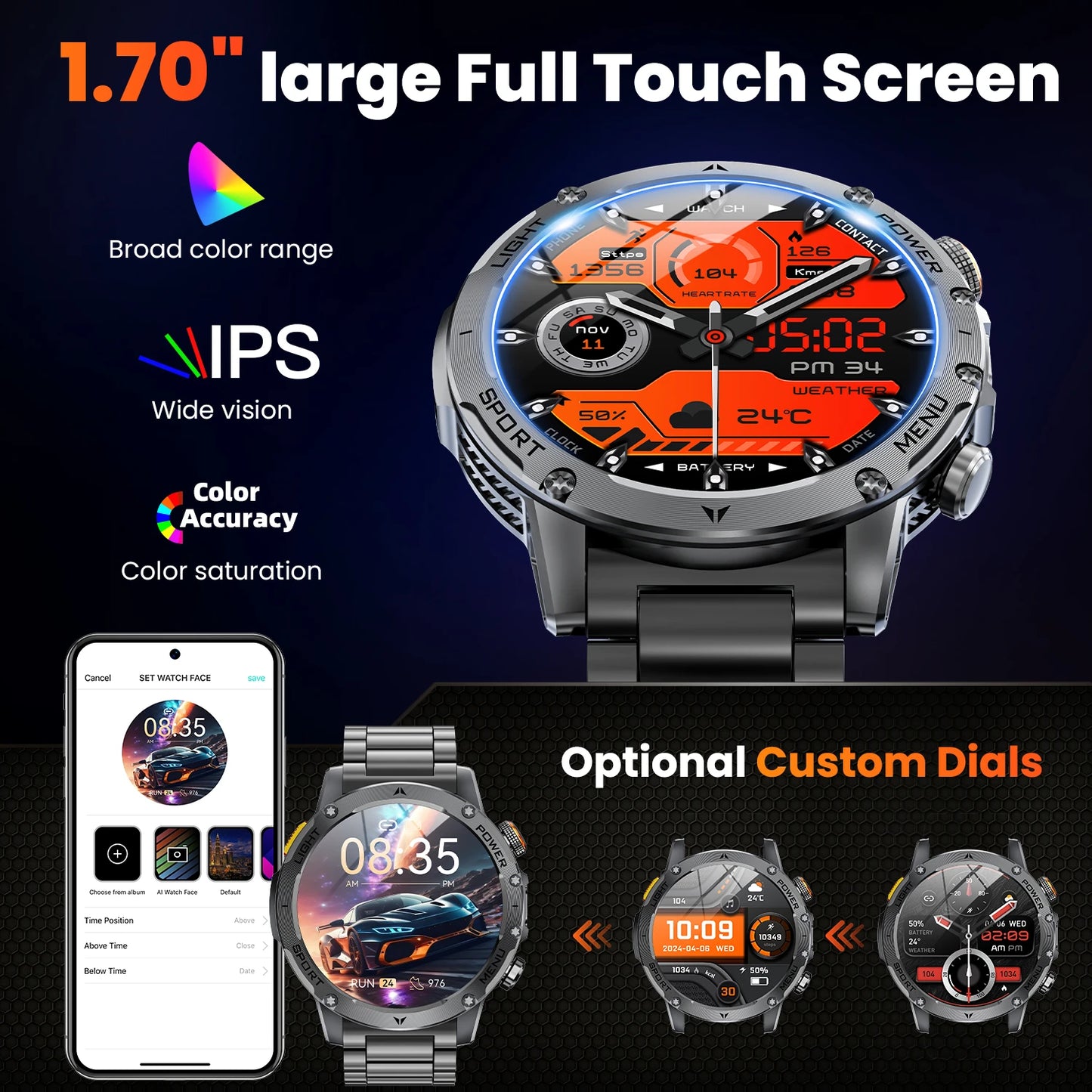 Military Smartwatch 1.7 Inch HD Display With 100 Sports Modes