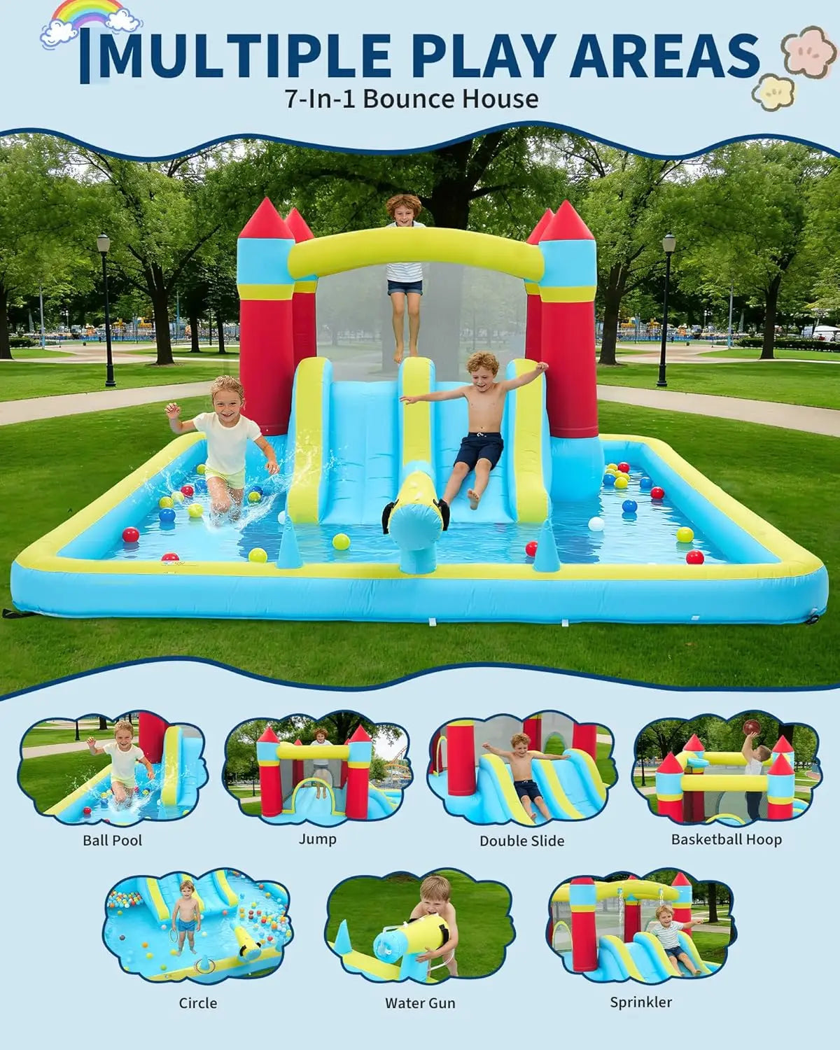 Inflatable Water Slide 7 In 1 Backyard Park With 350W Blower