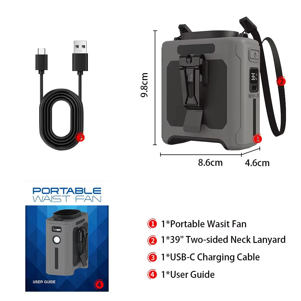 Portable 10000mAh Waist Clip Fan With 5 Speed USB Rechargeable