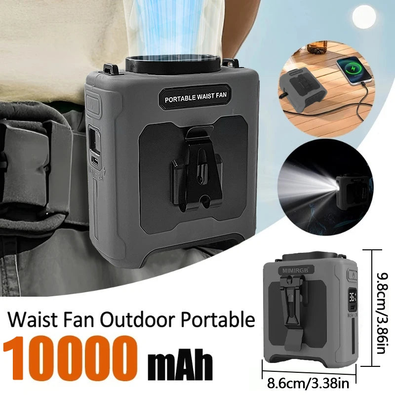 10000mAh Portable Waist Clip Fan With Flashlight For Outdoor Use