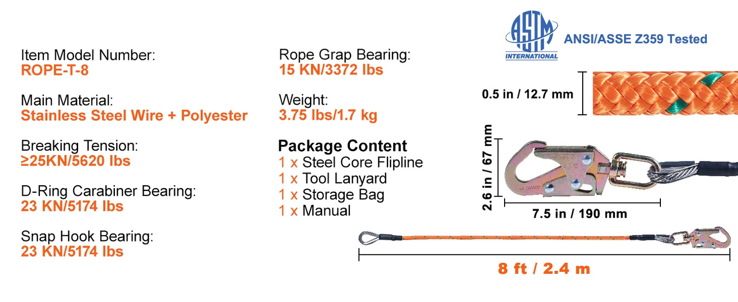 Steel Wire Core Flip Line Kit 25 KN Breaking Tension Snap Hooks Rope Grap