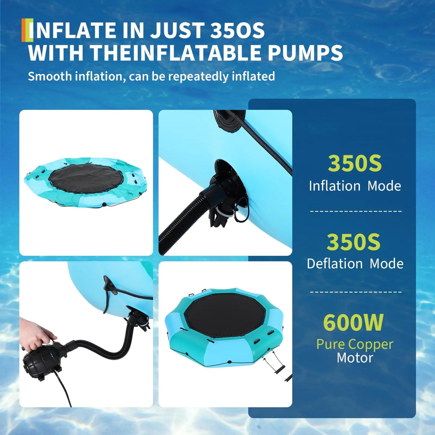 Inflatable Water Trampoline With Electric Inflator Rope Ladder Mooring Ropes