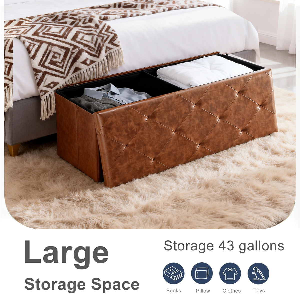 SARENZOON Tufted Faux Leather Folding Storage Ottoman With Footrest