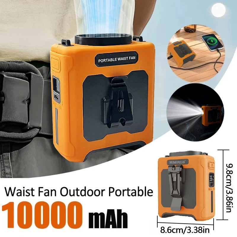 10000mAh Portable Waist Clip Fan With Flashlight For Outdoor Use