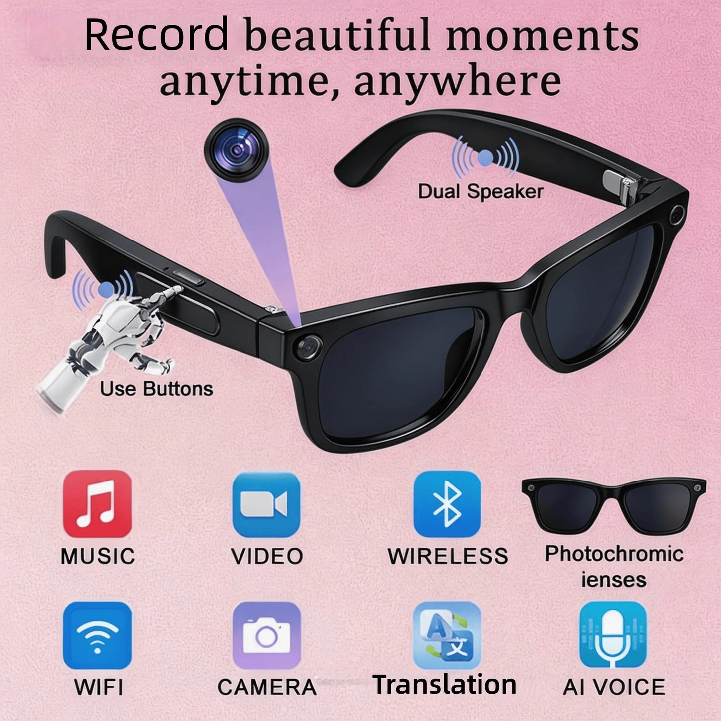 W&O Camera 4K Smart Glasses With AI Translation And Recognition