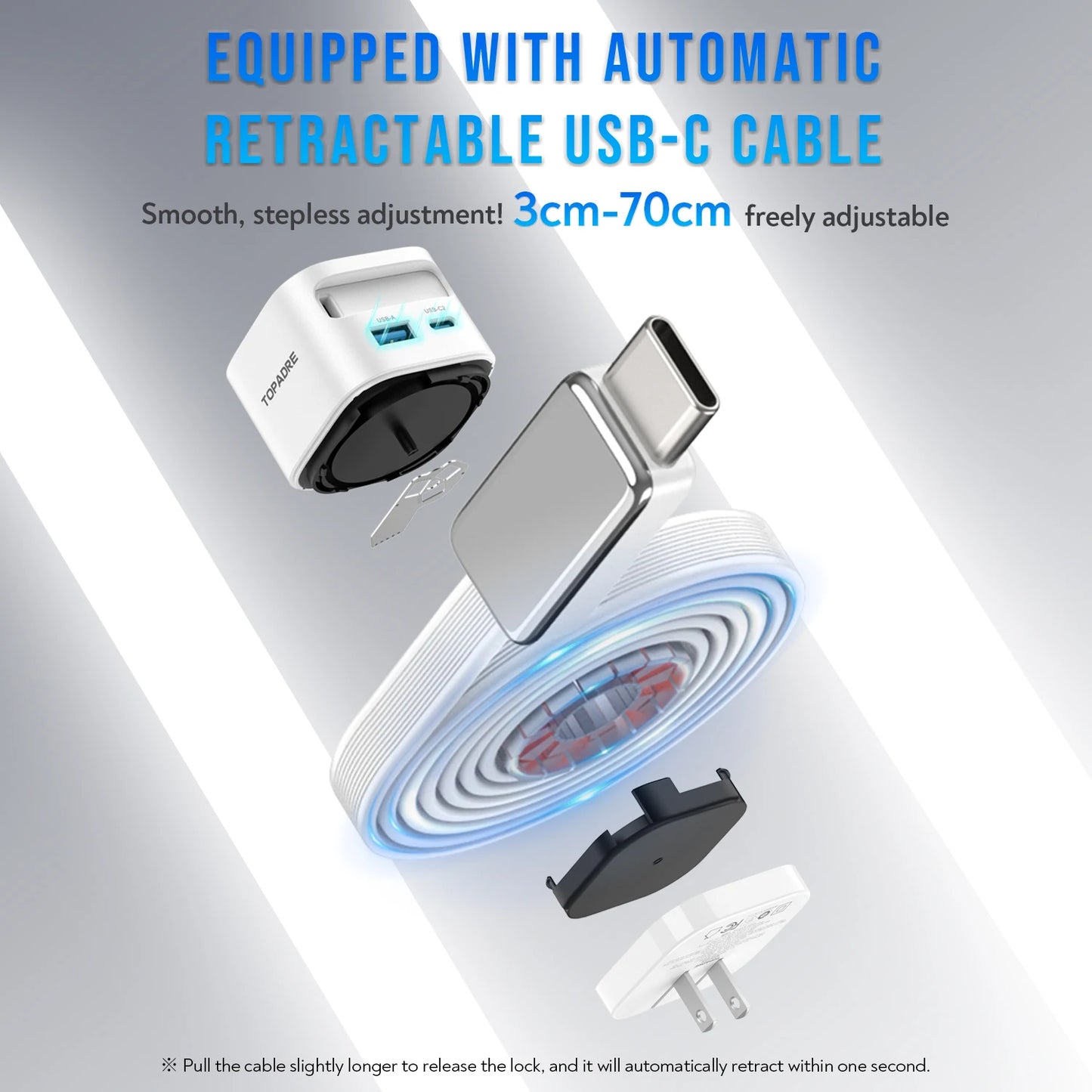 GaN 35W Fast Charger With Retractable Cable For iPhone Android