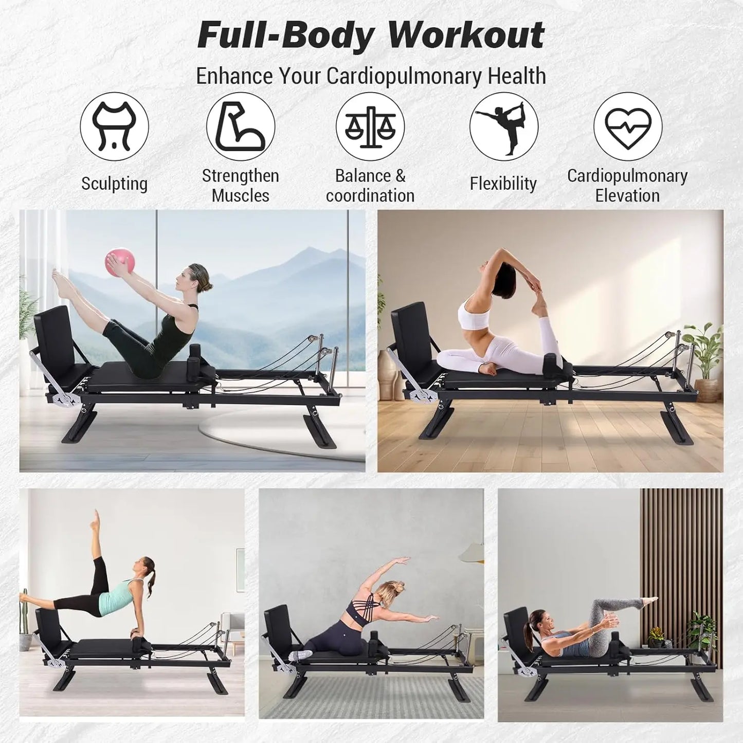 HiMISS Foldable Reformer Pilates Machine With Adjustable Resistance And Springs