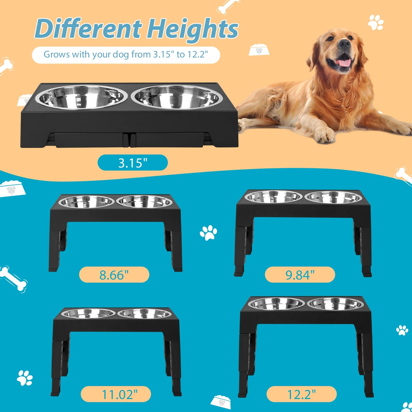 Elevated Dog Bowls With Two Stainless Steel Bowls And Adjustable Heights