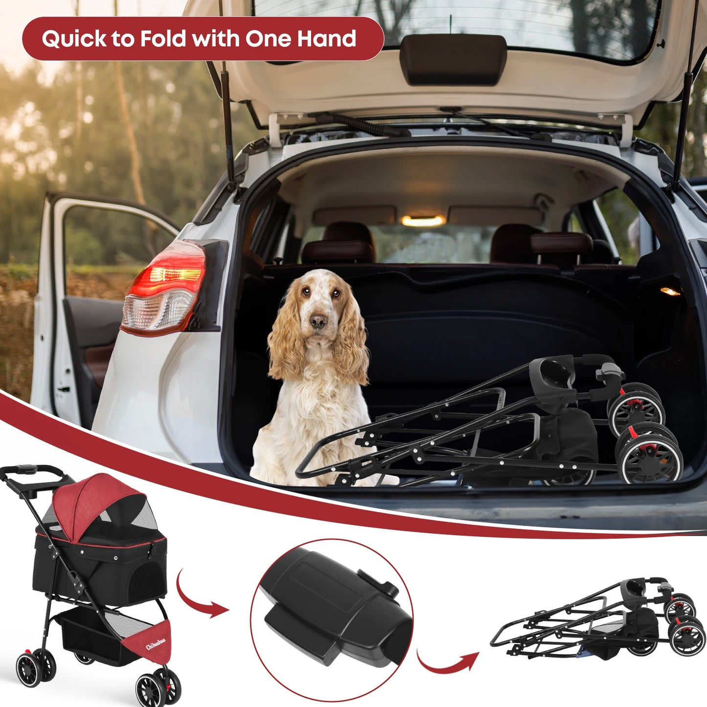 Chihuahua Pet Stroller Foldable For Dogs And Cats 3 Wheels