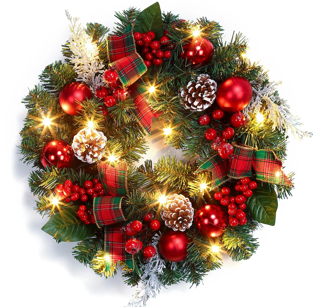 EliteZ Lifelike Pine Christmas Wreath With Berries and Pinecones
