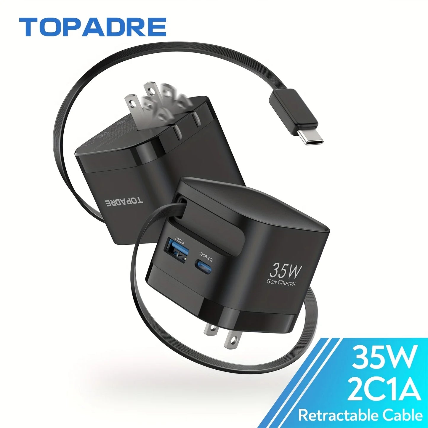 GaN 35W Fast Charger With Retractable Cable For iPhone Android