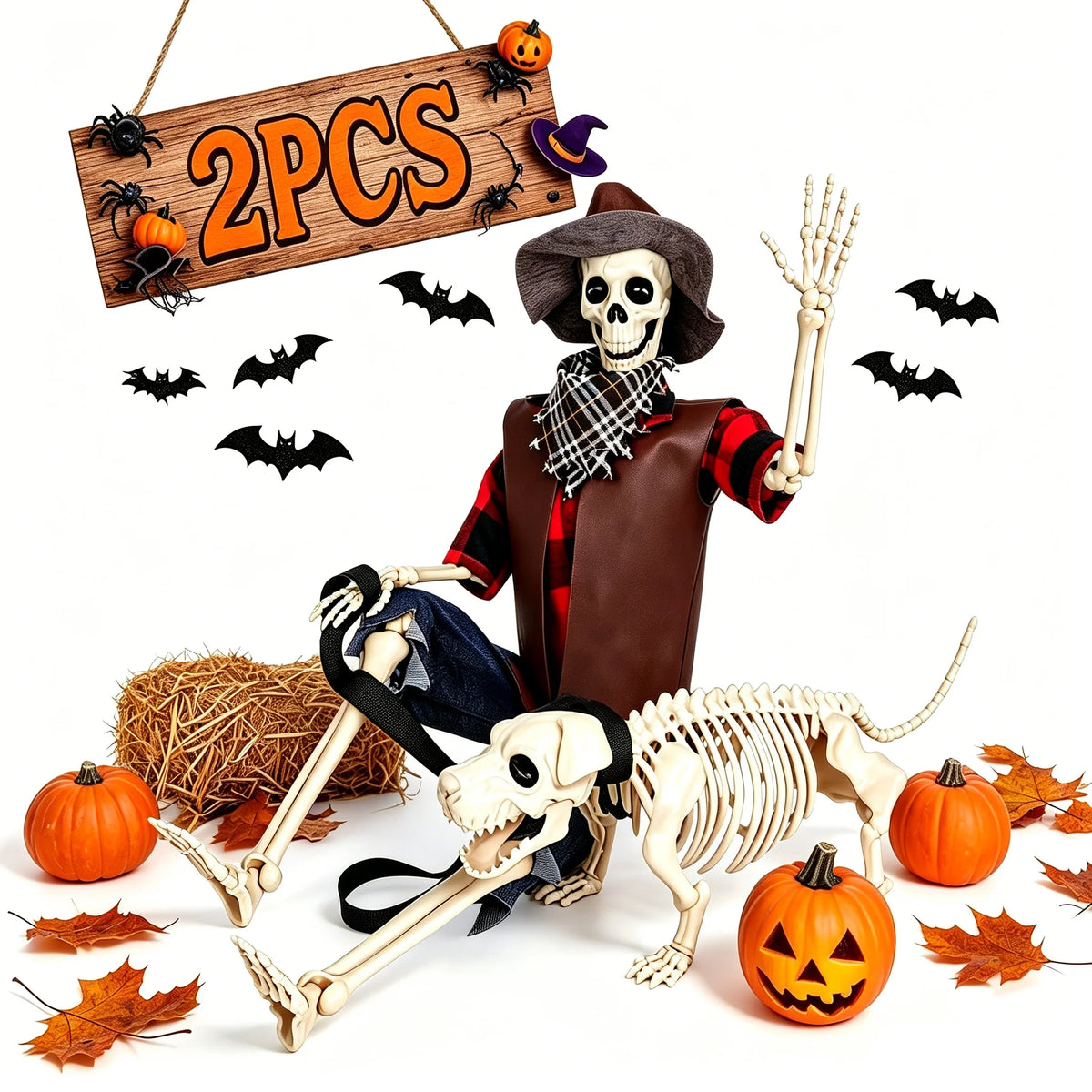 Posable Skeleton And Dog Halloween Cowboy Outdoor Decorations Set