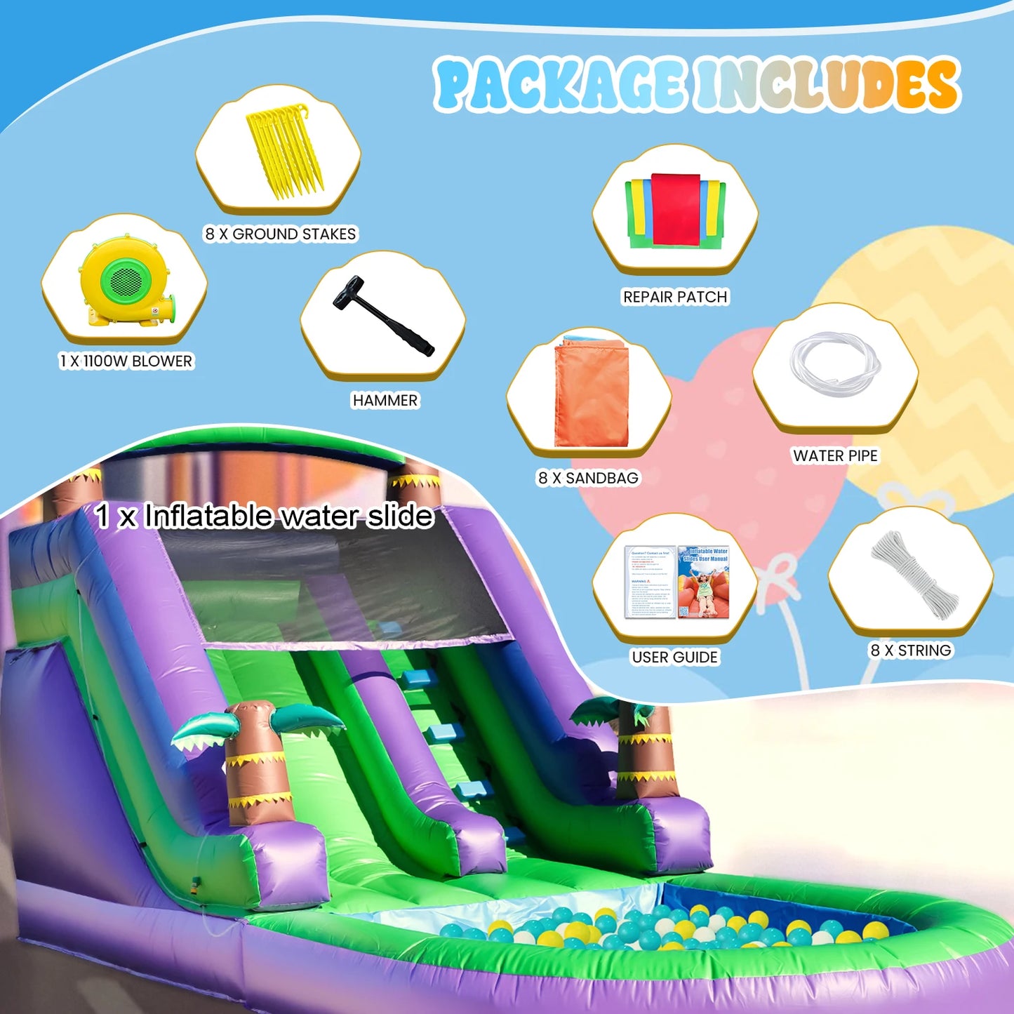Commercial PVC Inflatable Water Slide With 950W Blower