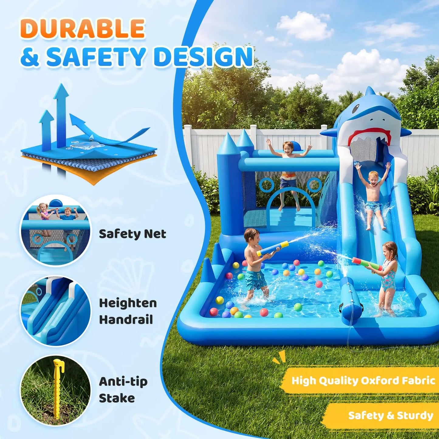 HiMISS Shark Inflatable Water Park With Slide Blower Splash Pool