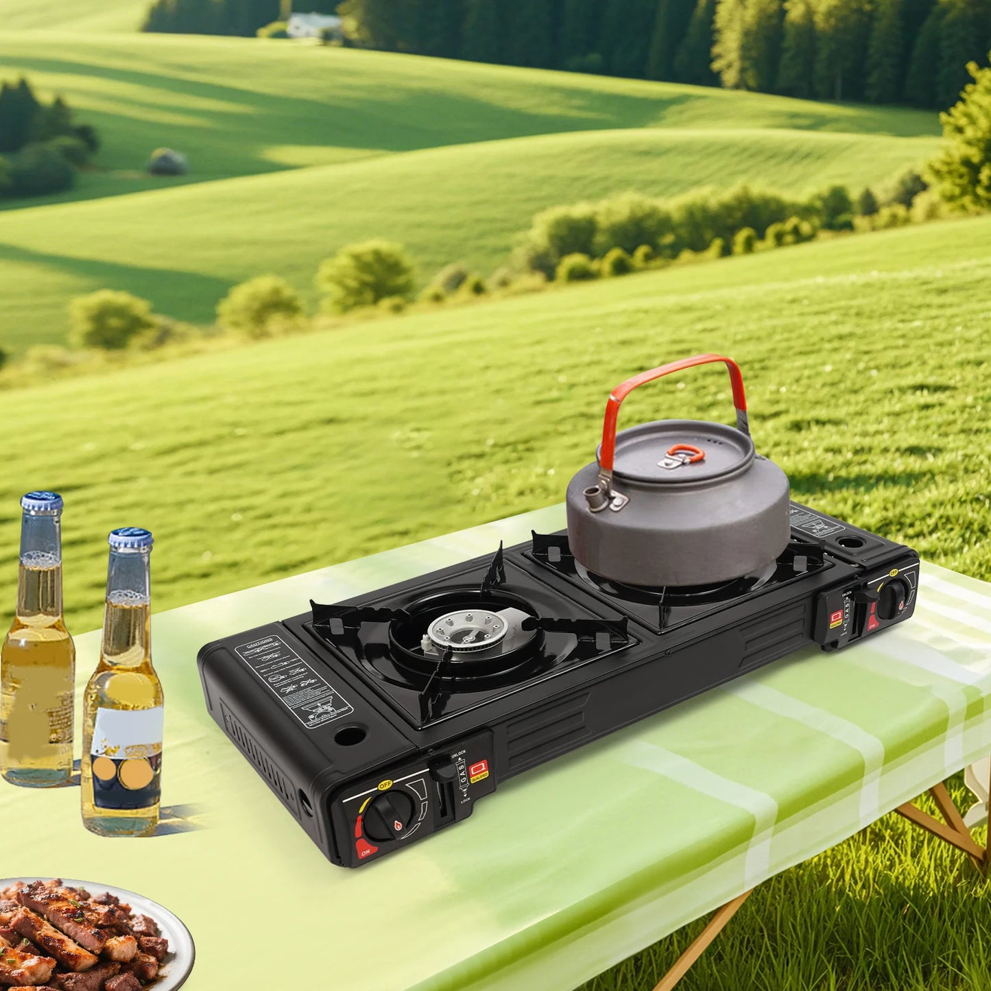 2500W Portable Camping Stove Two Burner With Baking Tray Case