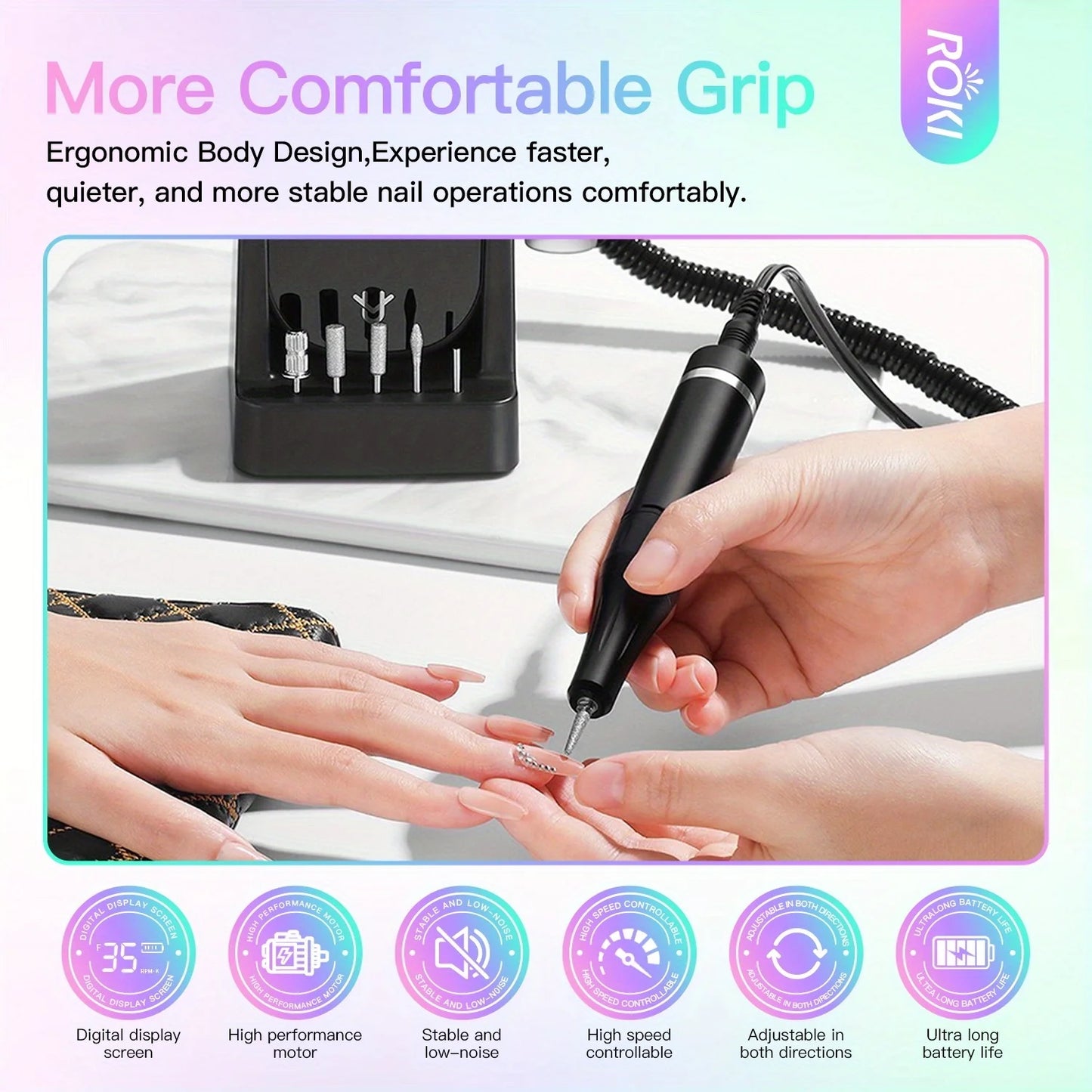 Professional Electric Nail Drill 35000 RPM Cordless Rechargeable Nail File