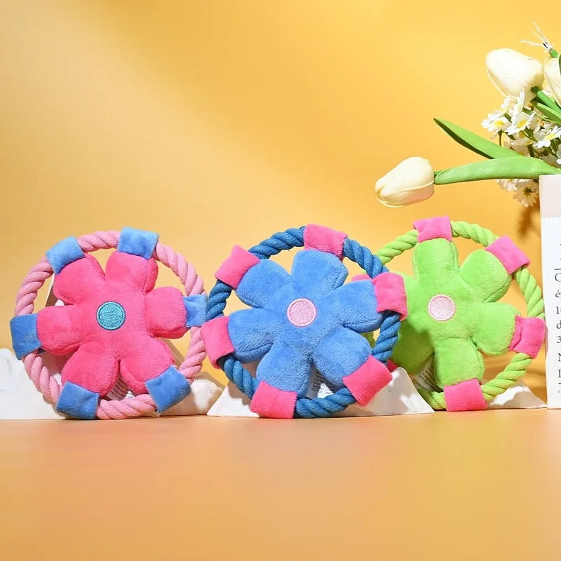 Cartoon Flower Cotton Rope Frisbee Dog Toy Squeaky Interactive Toy