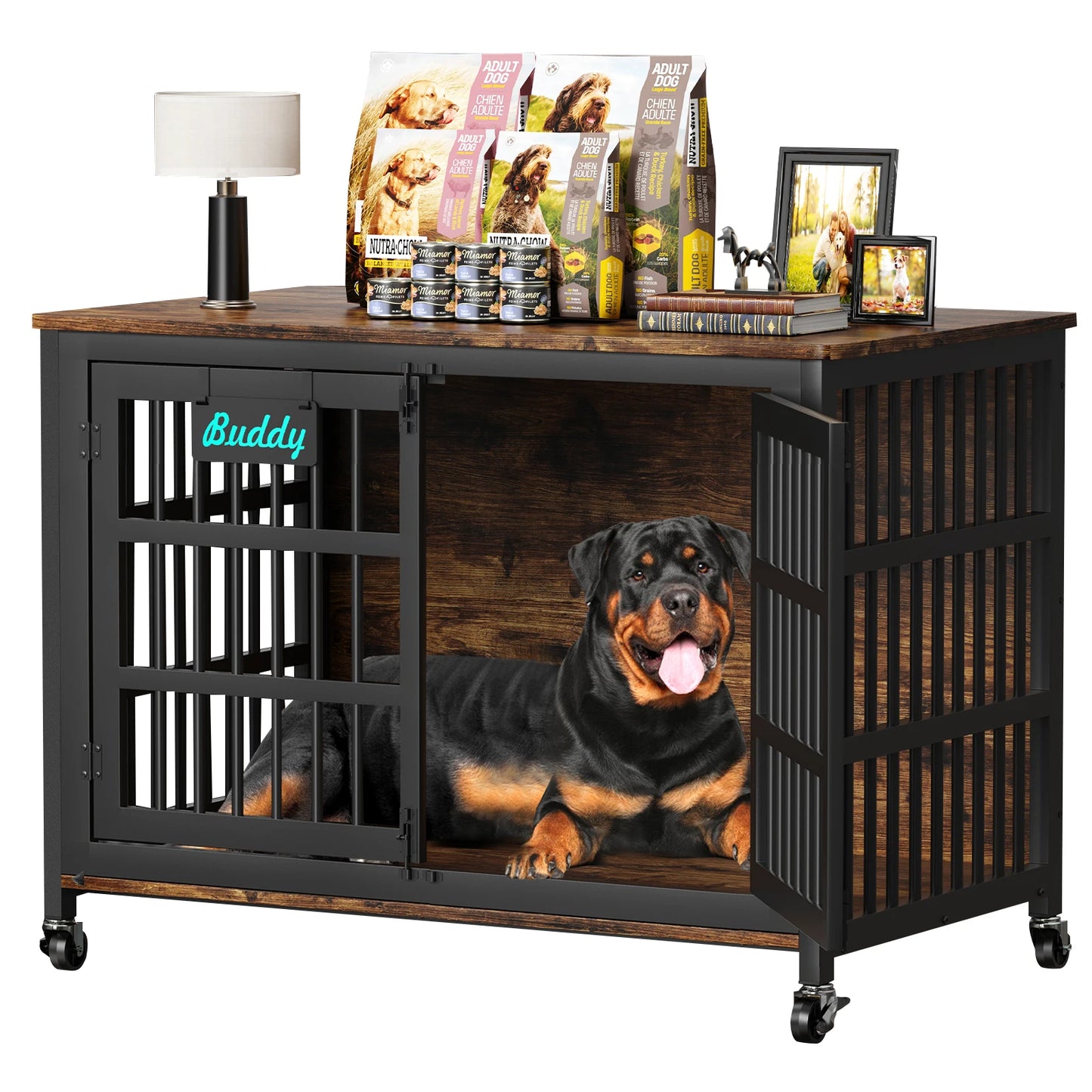 Heavy Duty Dog Crate Furniture With Casters As TV Stand