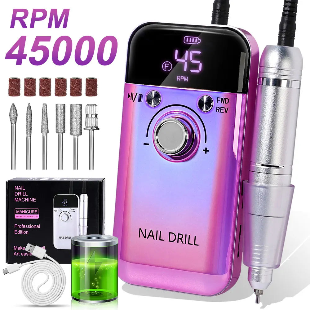 Nail Drill 45000 RPM Rechargeable Electric File For Acrylic Gel Removal