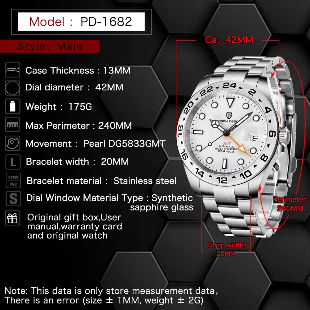 PAGANI DESIGN Automatic GMT Mens Sapphire Crystal Stainless Steel Watch