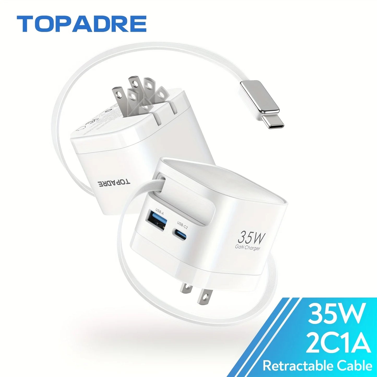 GaN 35W Fast Charger With Retractable Cable For iPhone Android