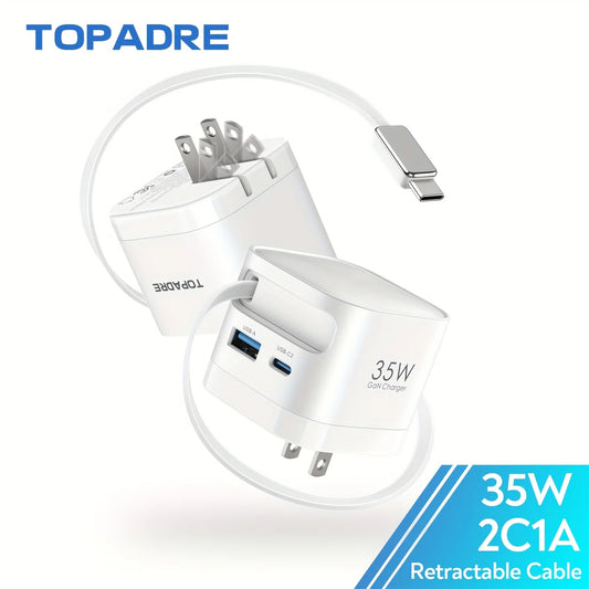 GaN 35W Fast Charger With Retractable Cable For iPhone Android