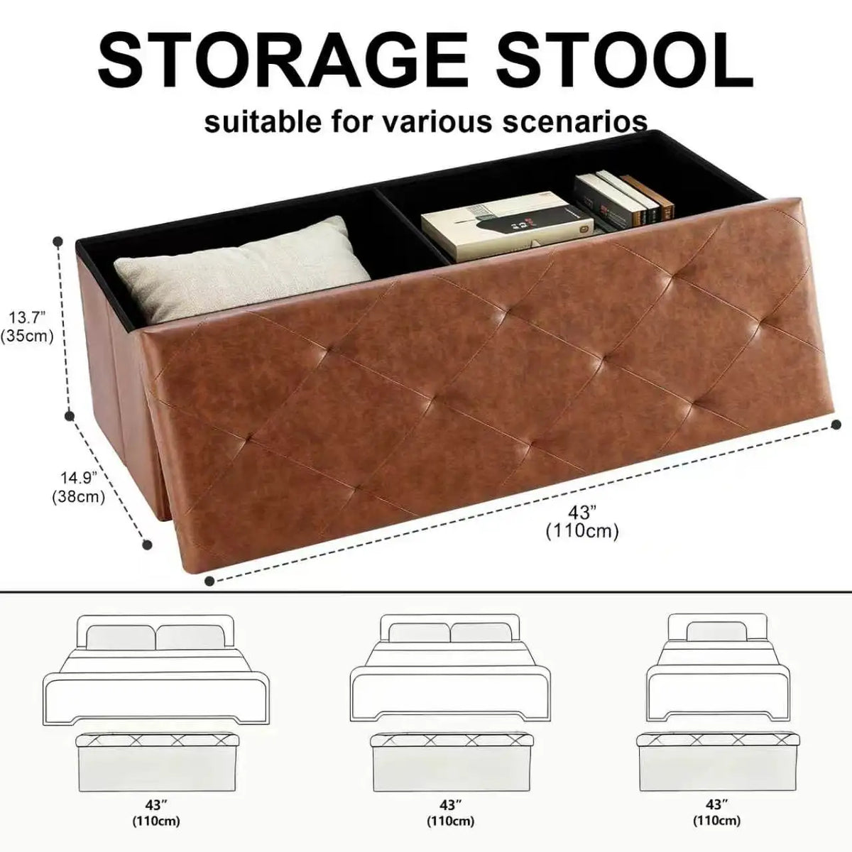 SARENZOON Tufted Faux Leather Folding Storage Ottoman With Footrest