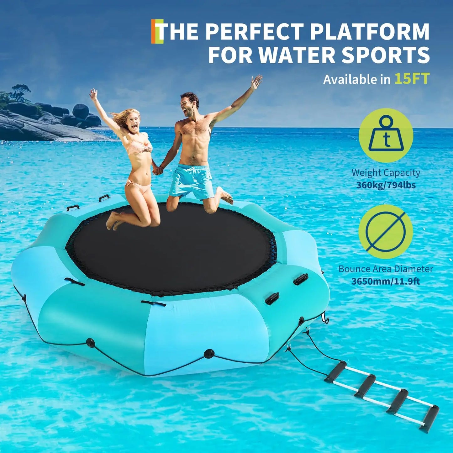 Inflatable Water Trampoline With Electric Inflator Rope Ladder Mooring Ropes